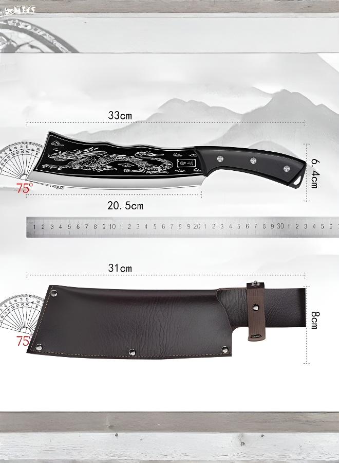 Heavy Duty 4Cr13 Stainless Steel Bone Cleaver, Dragon Engraved Butcher Knife for Meat & Poultry, with Leather Sheath - Image 1